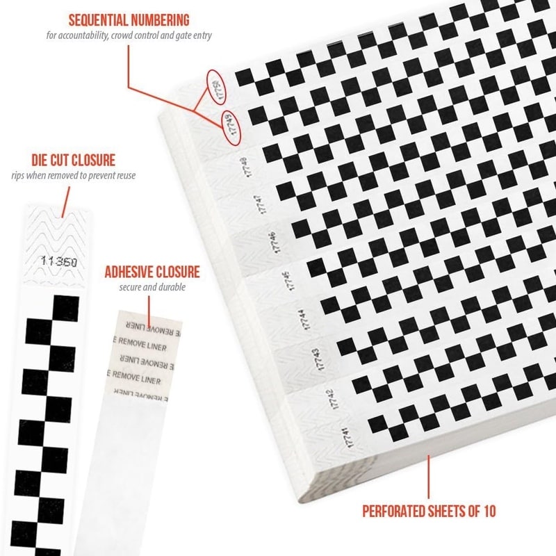tyvek wristbands with black and white pattern - details showing sequential numbering, die cut closure and perforated sheets of 10