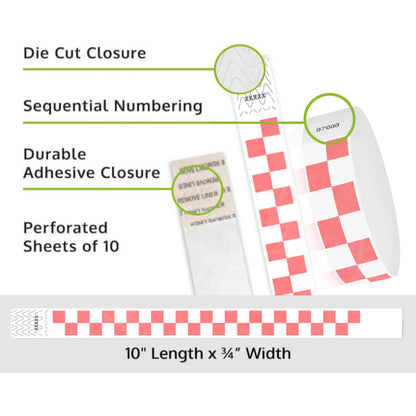 Product packaging with die cut closure, sequential numbering, durable adhesive closure, and perforated sheets of 10 on a white background shown in checks coral red