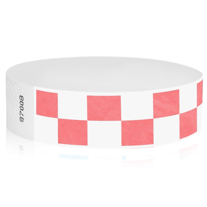 White tyvek wristband with coral red checkerboard pattern - round version shown