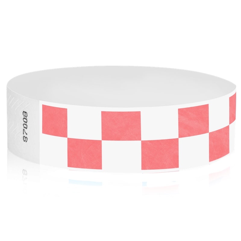 white and coral red checkerboard pattern tyvek wristband