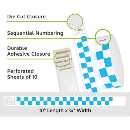 Product packaging with die cut closure, sequential numbering, durable adhesive closure, and perforated sheets of 10 on a white background shown in checks neon blue
