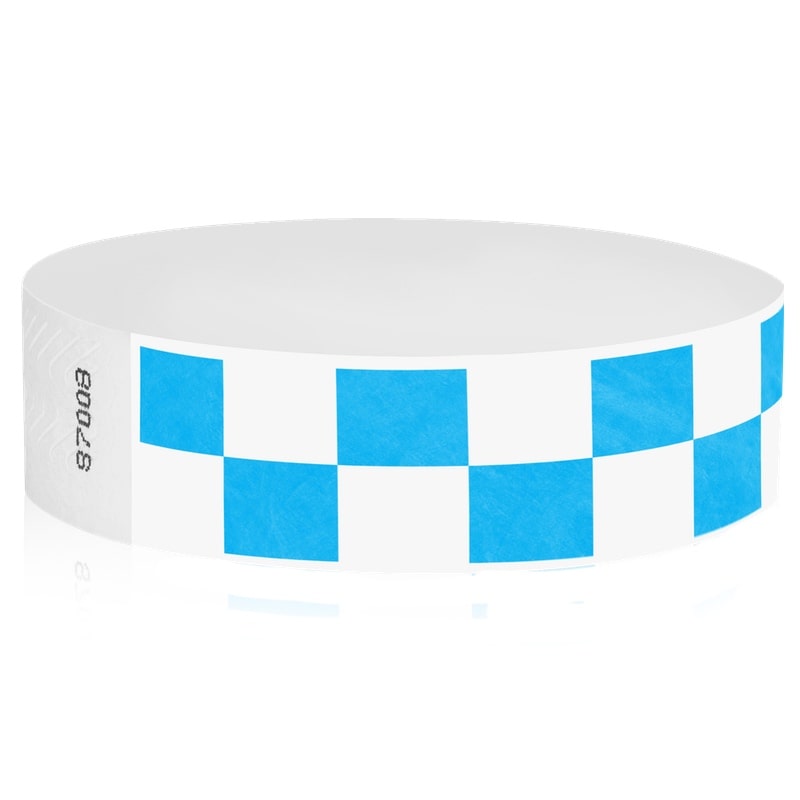 white and neon blue checkerboard pattern tyvek wristband