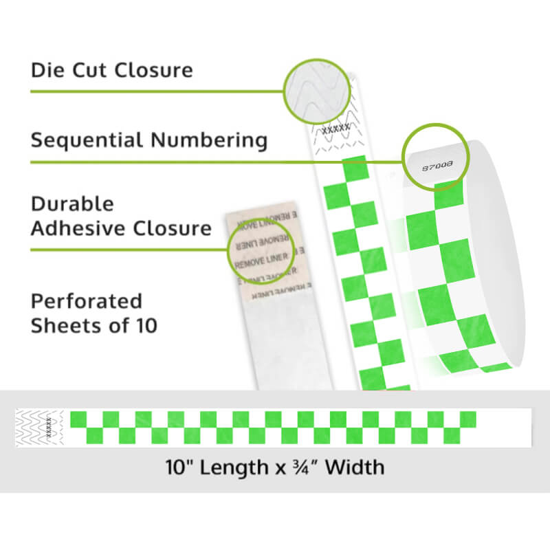 Product packaging with die cut closure, sequential numbering, durable adhesive closure, and perforated sheets of 10 on a white background shown in checks Neon Green