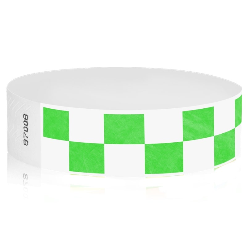 white and neon green checkerboard pattern tyvek wristband