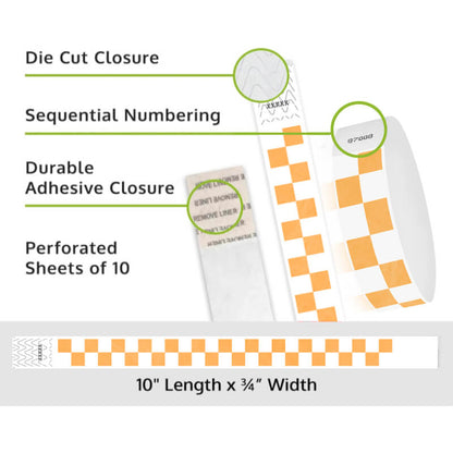 Product packaging with die cut closure, sequential numbering, durable adhesive closure, and perforated sheets of 10 on a white background shown in checks neon orange