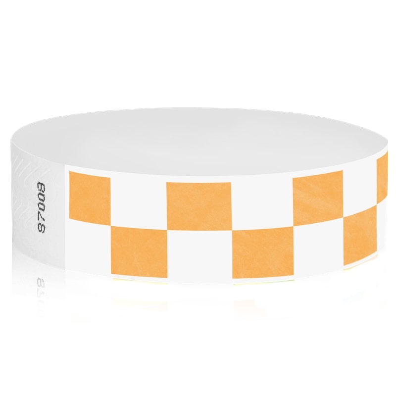 white and neon orange checkerboard pattern tyvek wristband