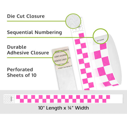 Product packaging with die cut closure, sequential numbering, durable adhesive closure, and perforated sheets of 10 on a white background shown in checks Neon Pink
