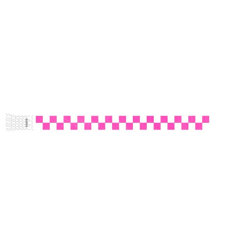 tyvek wristband with a neon pink
 and white checkerboard pattern 