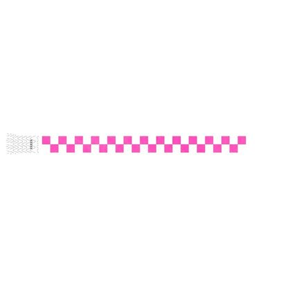 tyvek wristband with a neon pink
 and white checkerboard pattern 