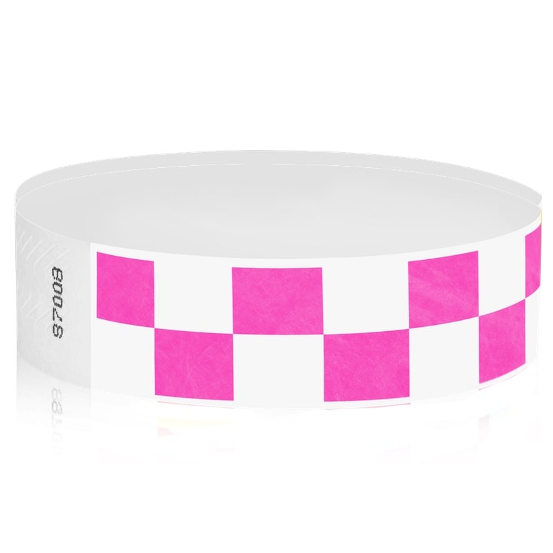 white and neon pink checkerboard pattern tyvek wristband
