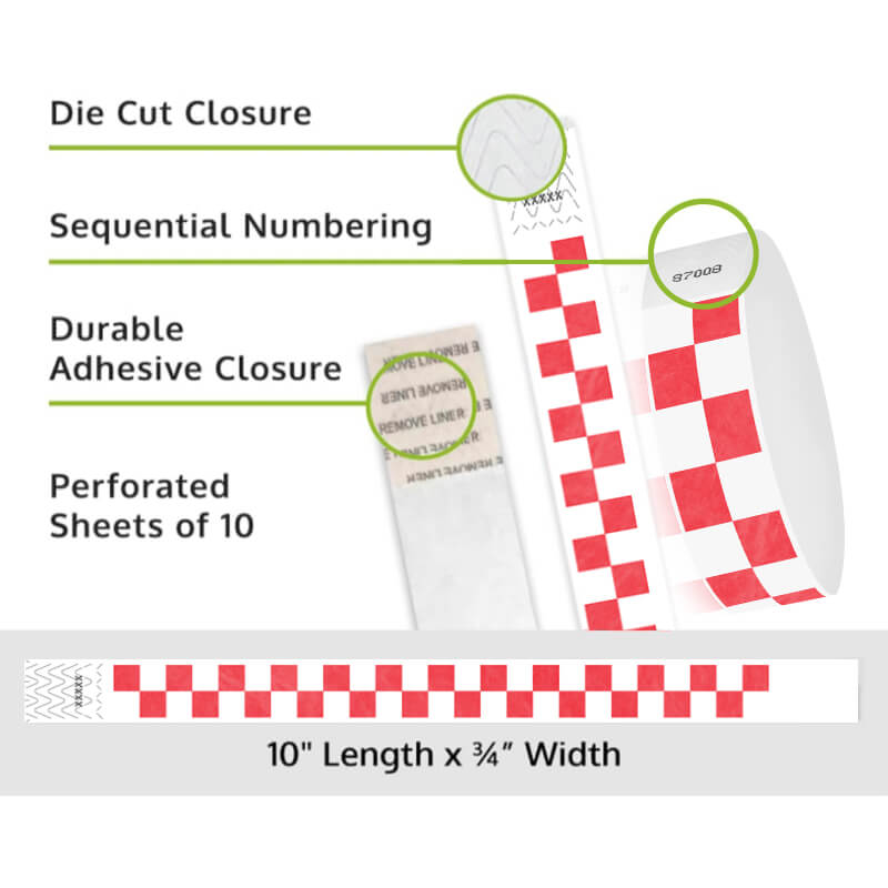Product packaging with die cut closure, sequential numbering, durable adhesive closure, and perforated sheets of 10 on a white background shown in checks neon red