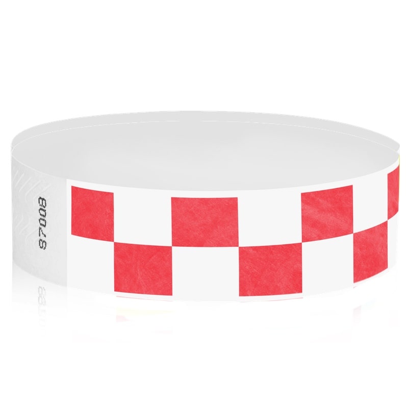 white and neon red checkerboard pattern tyvek wristband