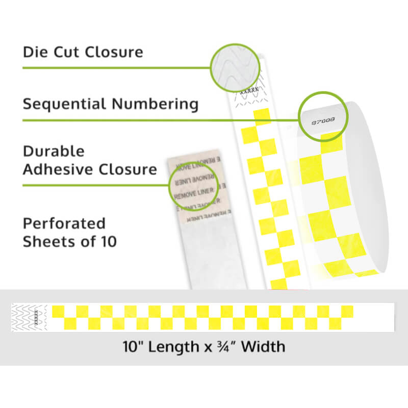 Product packaging with die cut closure, sequential numbering, durable adhesive closure, and perforated sheets of 10 on a white background shown in checks neon yellow