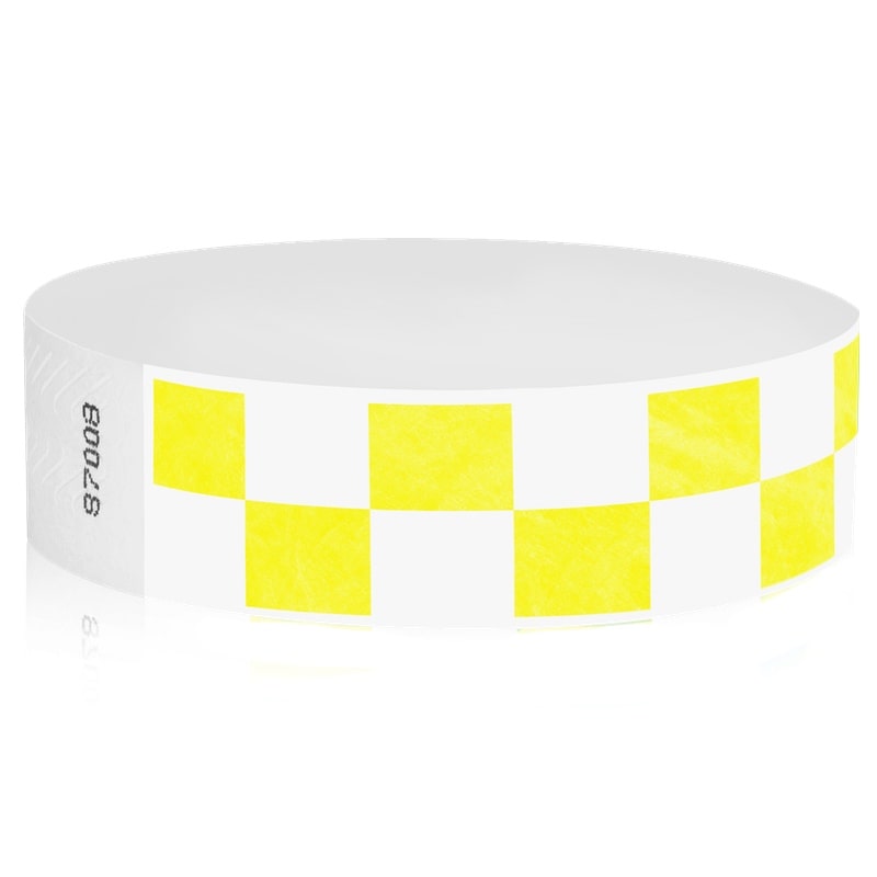 white and neon yellow checkerboard pattern tyvek wristband
