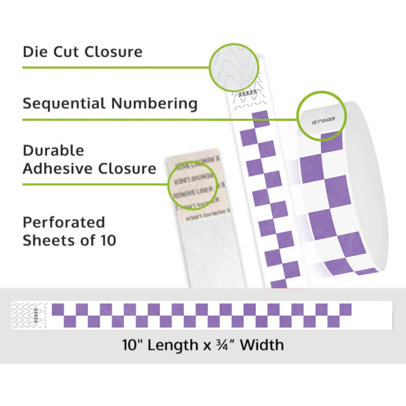Product packaging with die cut closure, sequential numbering, durable adhesive closure, and perforated sheets of 10 on a white background shown in checks purple