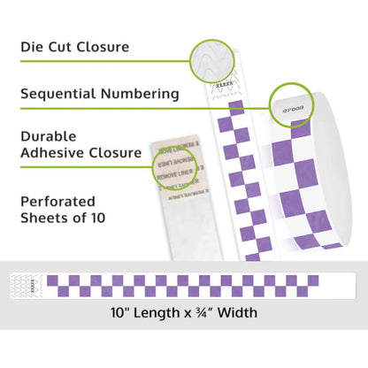 Product packaging with die cut closure, sequential numbering, durable adhesive closure, and perforated sheets of 10 on a white background shown in checks purple