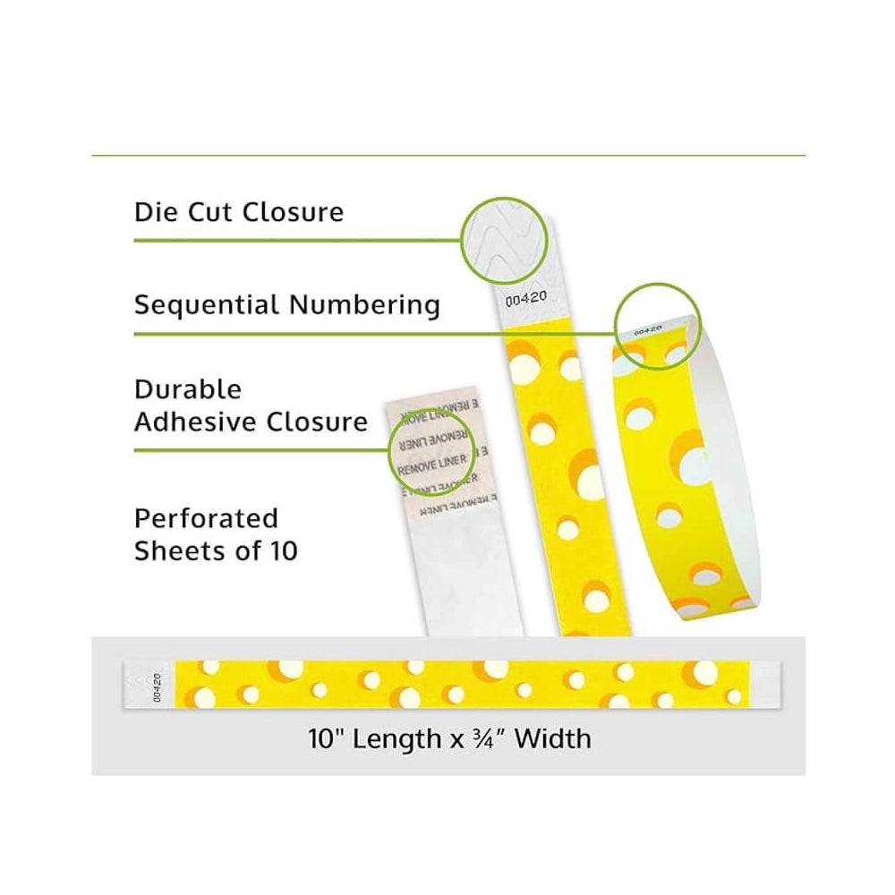 cheese tyvek wristband detail product page showing the die cut adhesive closure, sequential numbering, perforated sheets of 10 and the dimensions.