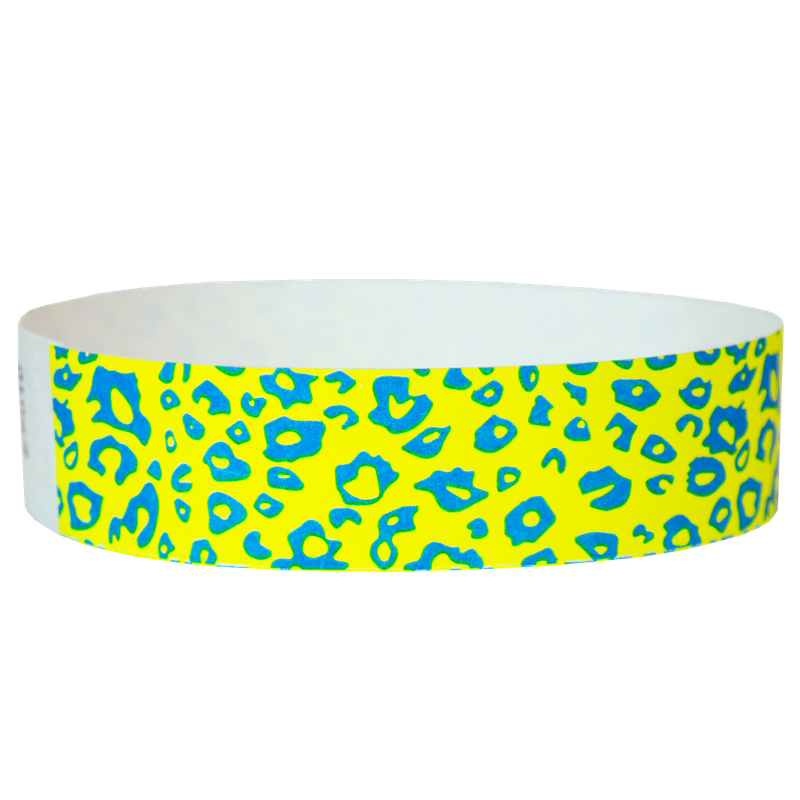 Yellow wristband with blue cheetah print pattern 