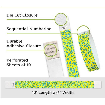 Cheetah tyvek wristband detail product page showing the die cut adhesive closure, sequential numbering, perforated sheets of 10 and the dimensions.