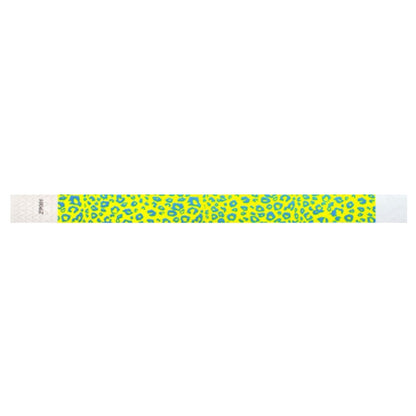 neon yellow tyvek wristband with neon blue cheetah pattern - flat version shown