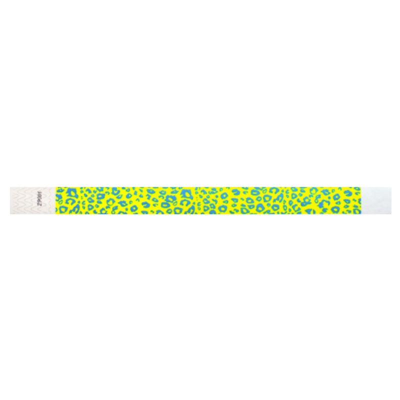 neon yellow tyvek wristband with neon blue cheetah pattern - flat version shown