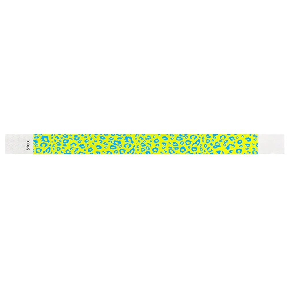 neon yellow tyvek wristband with neon blue cheetah pattern - flat version shown