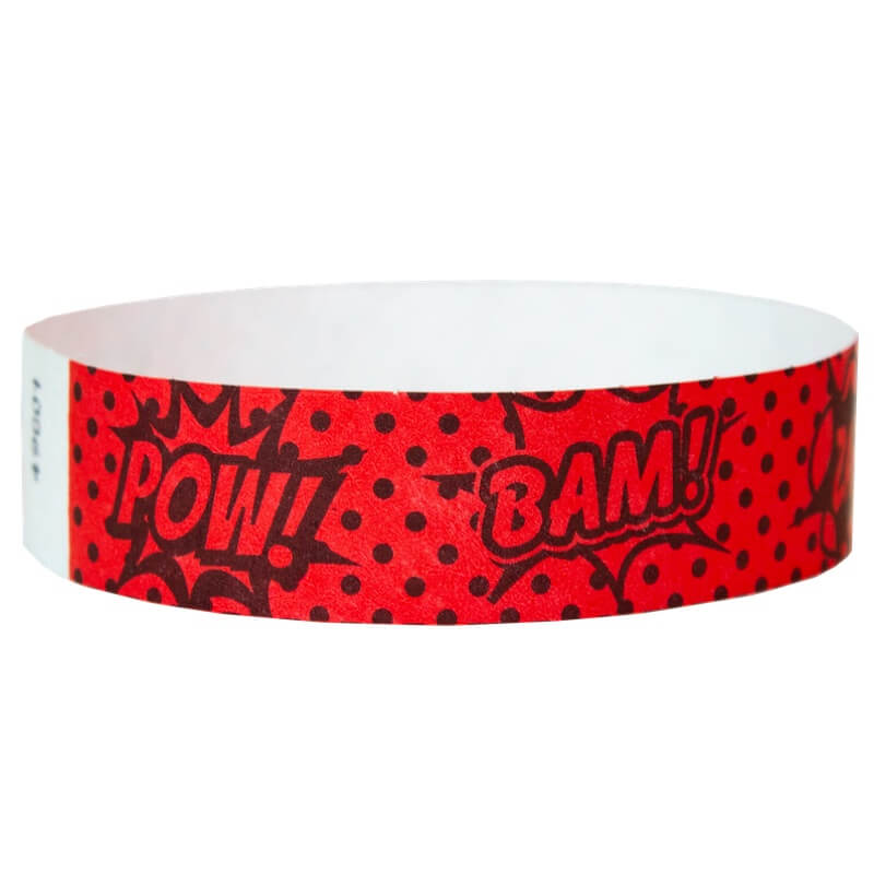 Neon Red tyvek wristband with 'POW!' and 'BAM!' text in black - round version shown