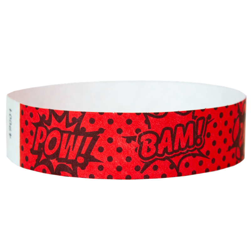 Red wristband with 'POW!' and 'BAM!' text in black