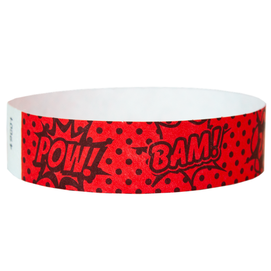 Neon Red tyvek wristband with 'POW!' and 'BAM!' text in black - round version shown