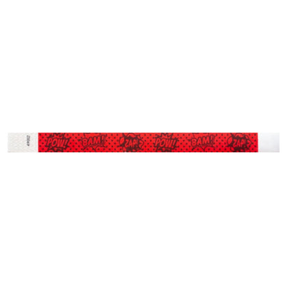 Neon Red tyvek wristband with 'POW!' and 'BAM!' text in black - flat version shown