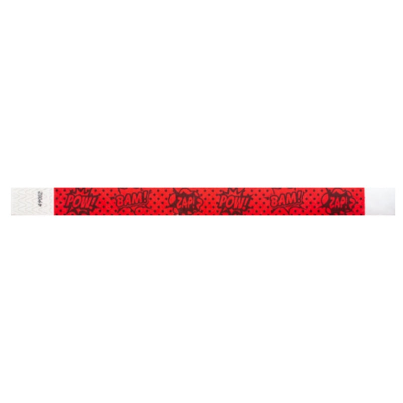 Neon Red tyvek wristband with 'POW!' and 'BAM!' text in black - flat version shown