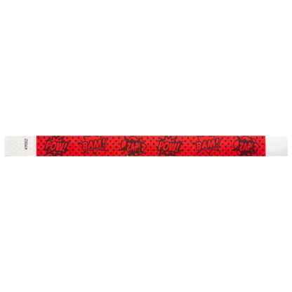Neon Red tyvek wristband with 'POW!' and 'BAM!' text in black - flat version shown