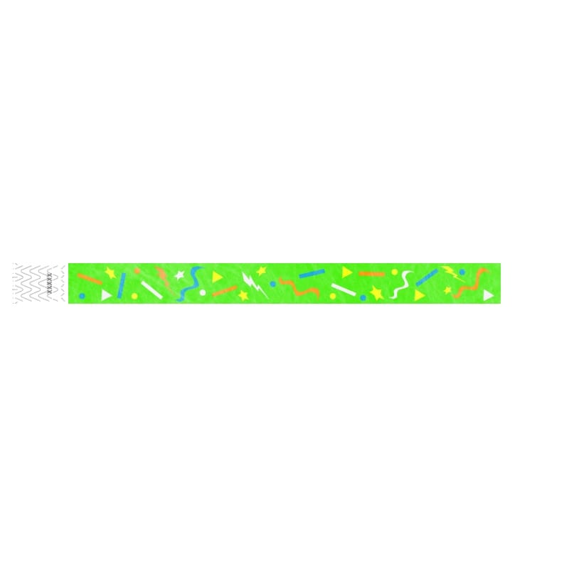 neon green tyvek wristband with a confetti patternin neon blue, neon yellow, white and neon orange
