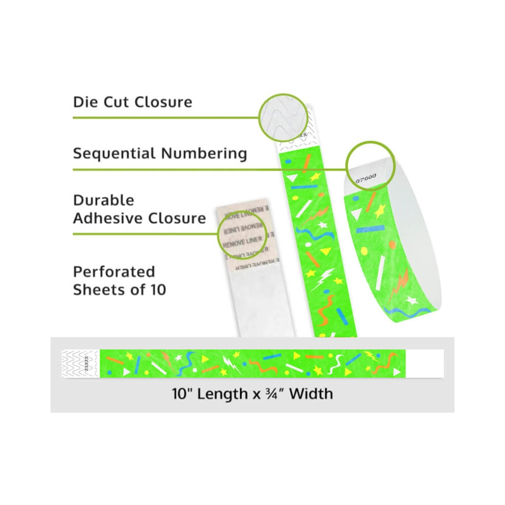 confetti tyvek wristband detail product page showing the die cut adhesive closure, sequential numbering, perforated sheets of 10 and the dimensions.