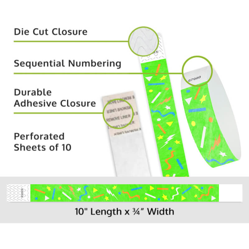confetti tyvek wristband detail product page showing the die cut adhesive closure, sequential numbering, perforated sheets of 10 and the dimensions.