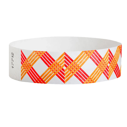 White wristband with neon red and neon orange xxx pattern - round version shown