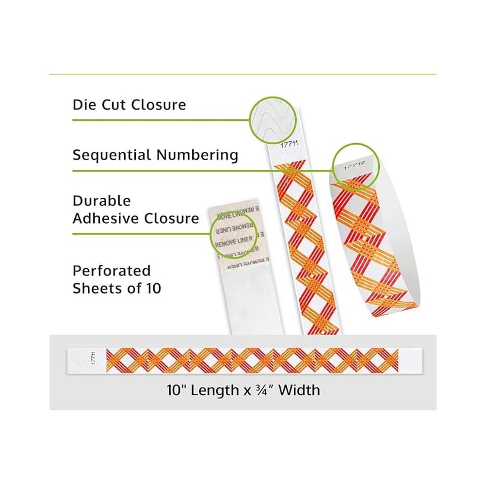 crossing zig zag tyvek wristband detail product page showing the die cut adhesive closure, sequential numbering, perforated sheets of 10 and the dimensions.