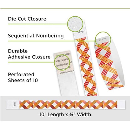 crossing zig zag tyvek wristband detail product page showing the die cut adhesive closure, sequential numbering, perforated sheets of 10 and the dimensions.