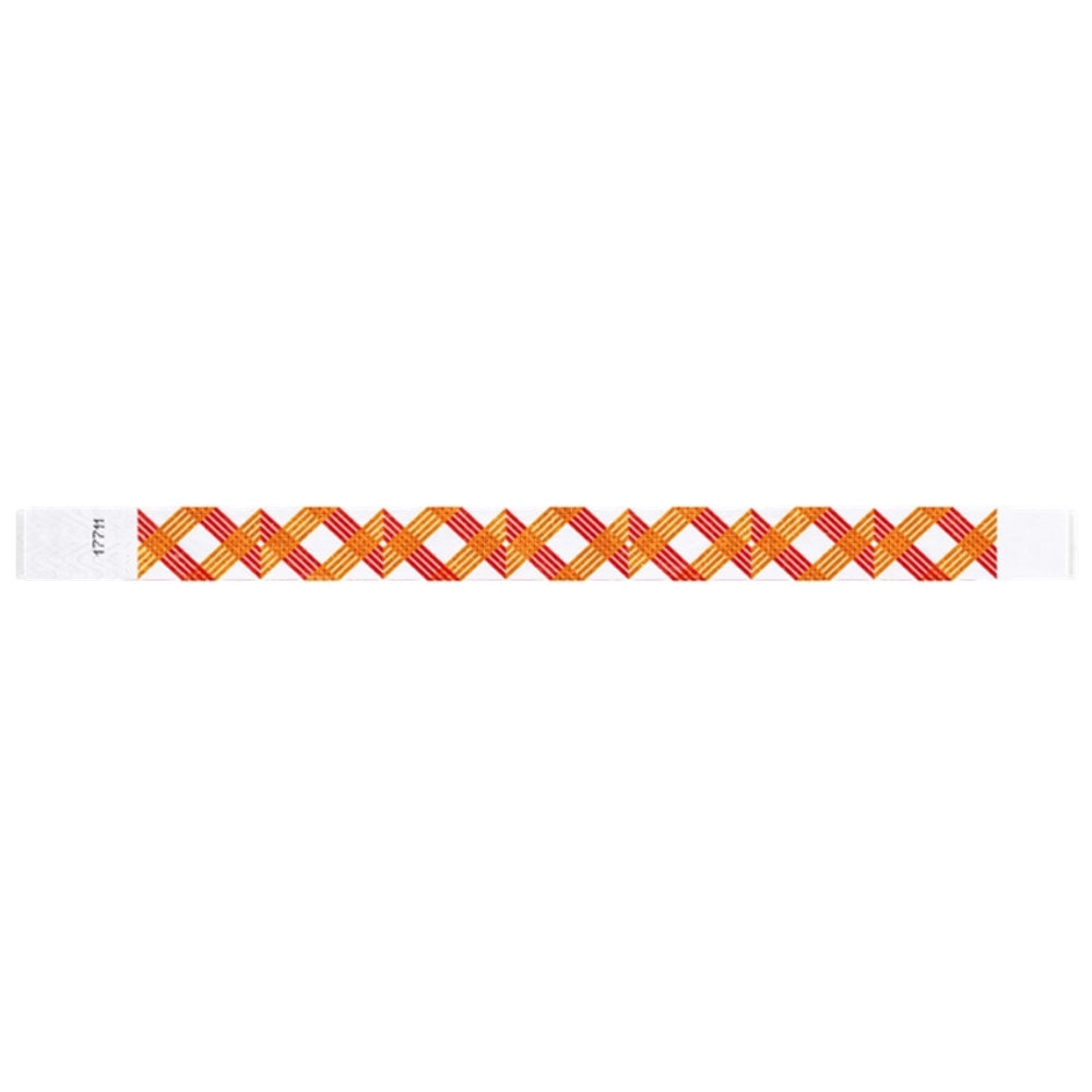 White wristband with neon red and neon orange xxx pattern - flat version shown
