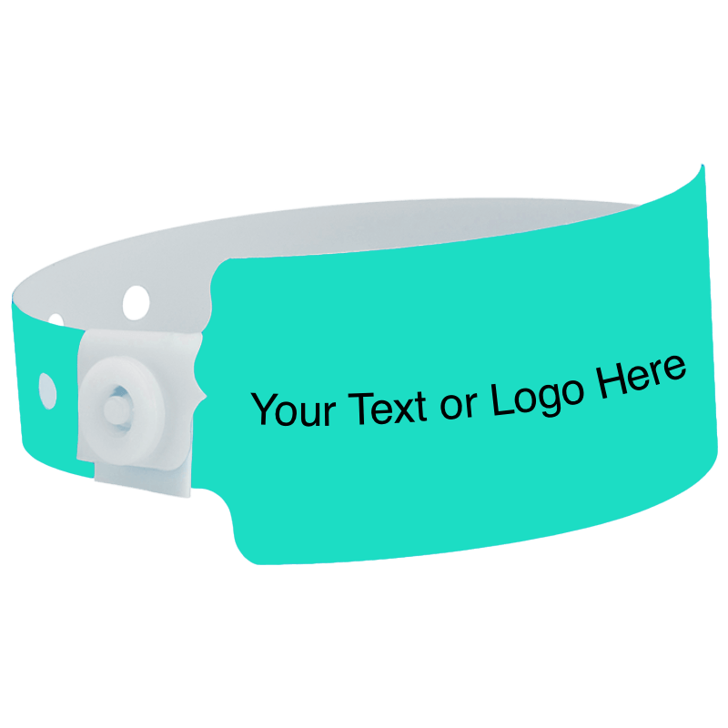 wide face plastic wristbands with a placeholder to show where you can customize the wristband in aqua