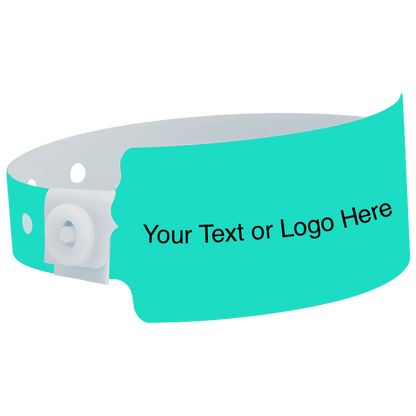 wide face plastic wristbands with a placeholder to show where you can customize the wristband in aqua