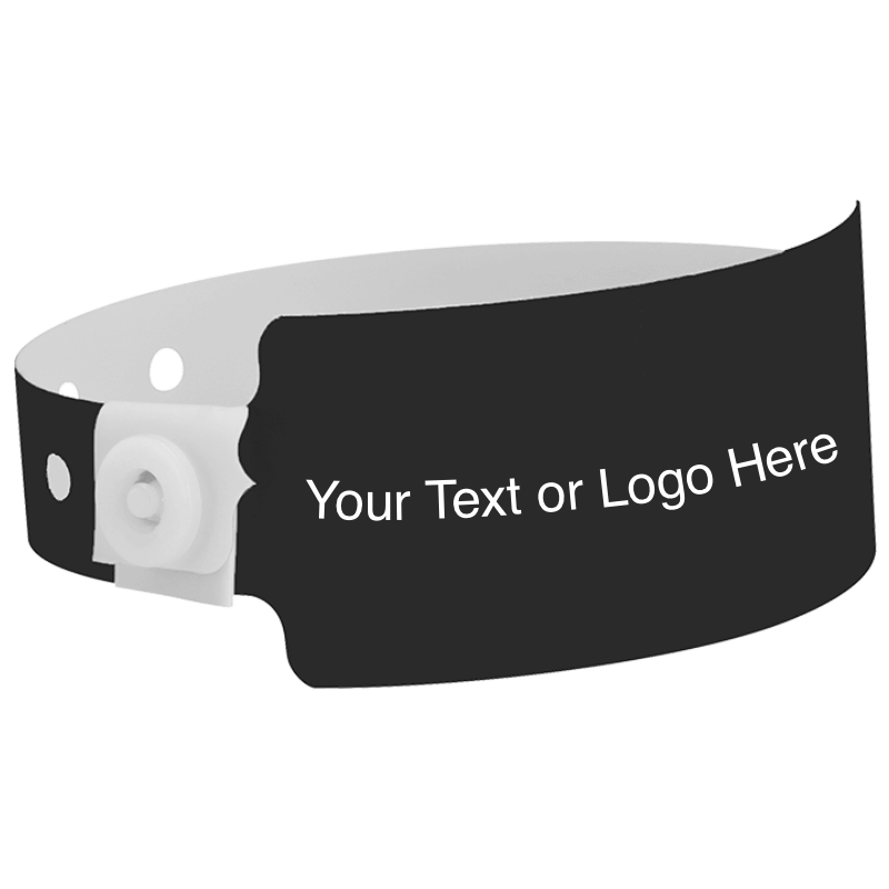 wide face plastic wristbands with a placeholder to show where you can customize the wristband shown in black