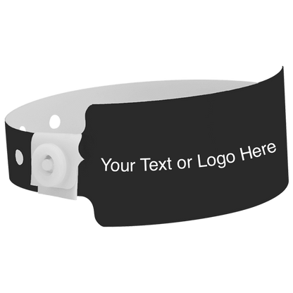 wide face plastic wristbands with a placeholder to show where you can customize the wristband shown in black
