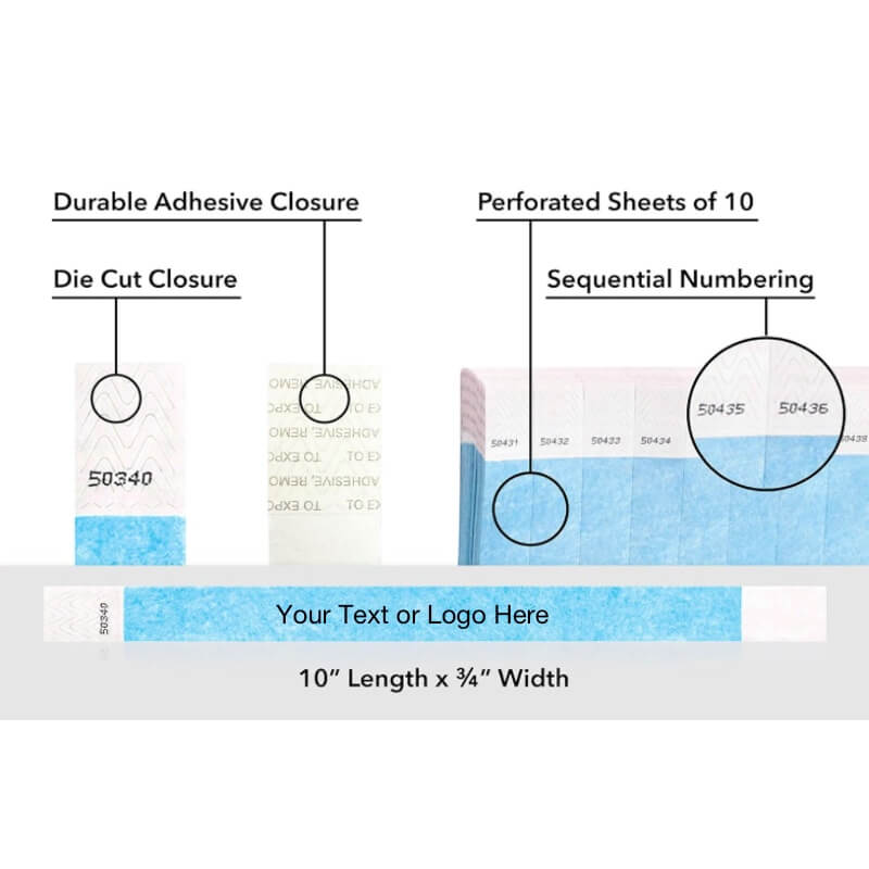 Diagram of a wristband packaging system with durable adhesive closure, die cut closure, perforated sheets, and sequential numbering.  Shown with a placement for your customization in tyvek 3/4" solid sky blue