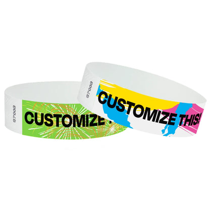 fireworks and 90s paint stroke tyvek 3/4" wristbands shown with a placeholder for customizing