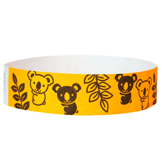 neon orange tyvek wristband with black koalas and leaves - round version shown