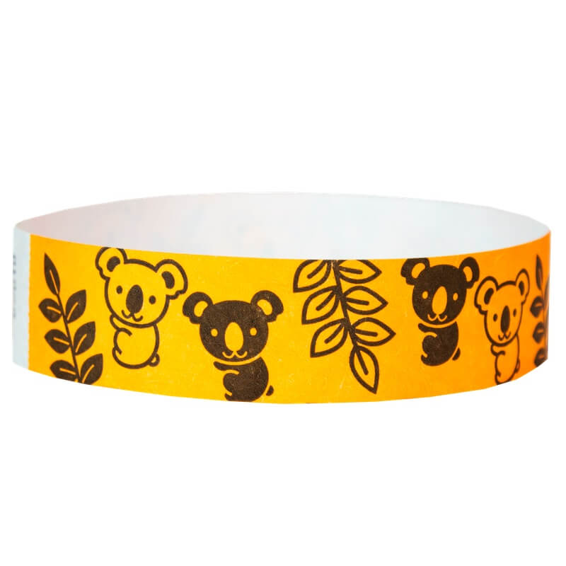 neon orange tyvek wristband with black koalas and leaves - round version shown