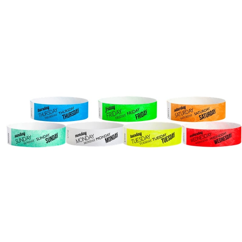 days of the week wristbands available in a different colour for each day
