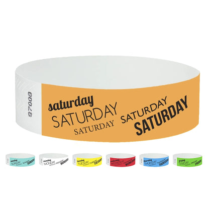 tyvek 3/4" wristbands in different colours for the days of the week, neon orange saturday, aqua sunday, white monday, neon yellow tuesday, neon red wednesday, neon blue thursday and neon green friday.