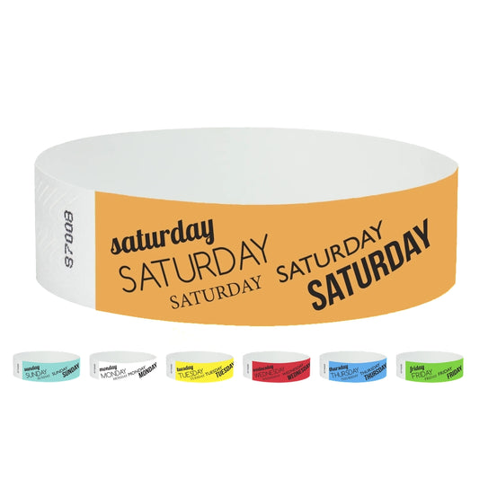 tyvek 3/4" wristbands in different colours for the days of the week, neon orange saturday, aqua sunday, white monday, neon yellow tuesday, neon red wednesday, neon blue thursday and neon green friday.